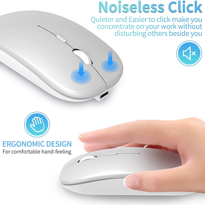 

Rechargeable 2.4GHz Wireless Bluetooth Mouse, Slim Noiseless Mouse with Bluetooth, for PC, Laptop,