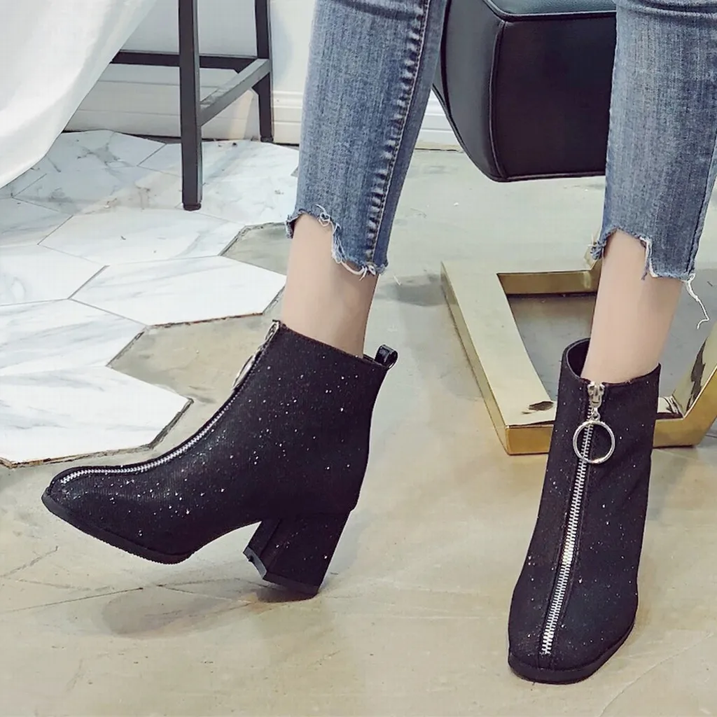 2019 г. обувь женские зимние ботинки модные бархатные с блестками и молнией спереди