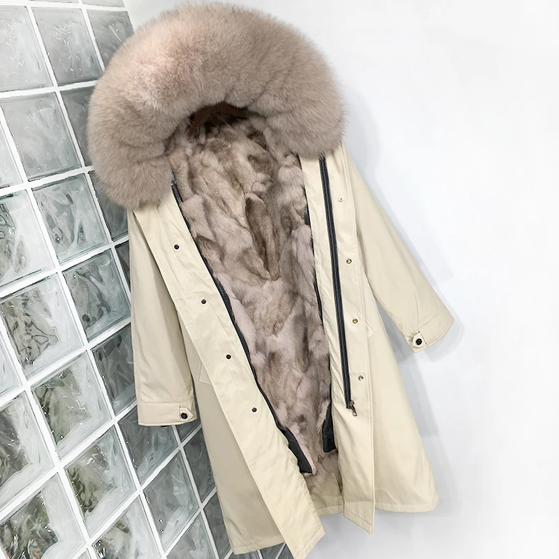 Plus Size Real Fur Coat Waterproof Parka Mujer Winter Jacket Women Natural Fox Fur Collar Liner Hood Thick Warm Outerwear Hat - Color: Xlong Khaki