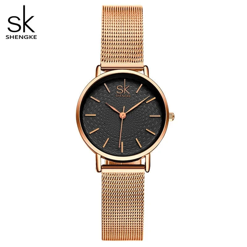 

SHENGKE New Fashion Branded Women Wristwatches Super Slim Rosegold Mesh Stainless Steel Watches Woman Clock Ladies Quartz Watch