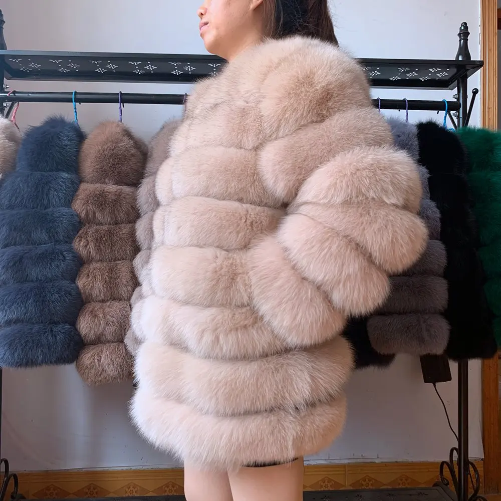 NEW 70CM Women Warm Real Fox Fur Coat Short Slim Winter Genuine Fur Jacket Fashion Outwear Luxury Natural Fox Fur Coat For