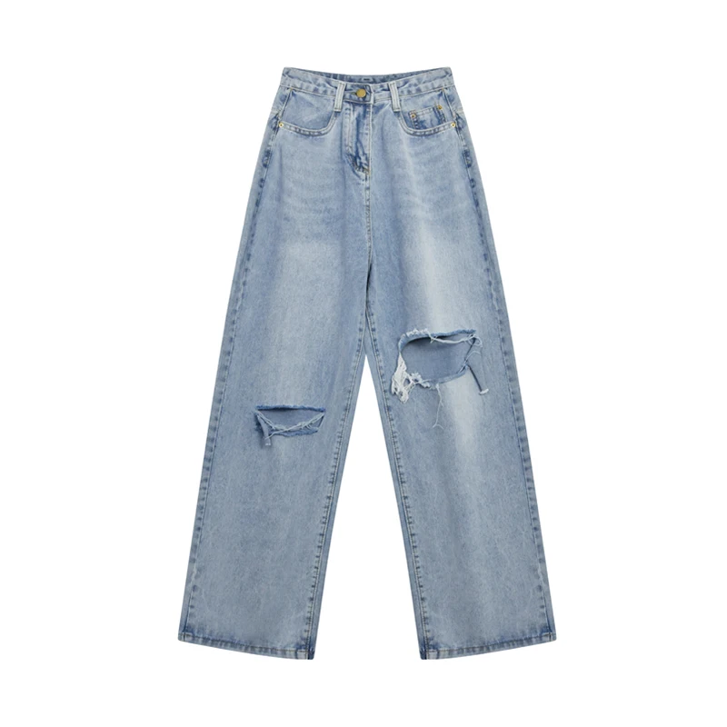 

Denim Wide Leg Pants Woman High Waist Hole Plus Size Boyfriend For Jeans Women Baggy Casual Loose Full Length Pants Trousers