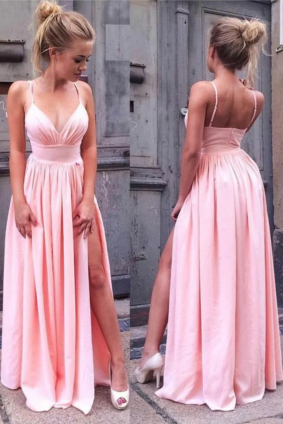 

Sexy Pink Long Satin V-Neck Evening Dresses with Pockets A-Line Floor Length Zipper Back Side Slit Formal Party Dress for Women
