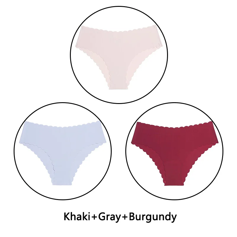 Khaki Gra Burgundy 3 шт./партия, сексуальные трусики с оборками женский сексуальный бесшовный трусики с низкой посадкой, однотонное мягкое нижнее белье, женские Ультра тонкие трусики, нижнее белье - Цвет: Khaki Gra Burgundy
