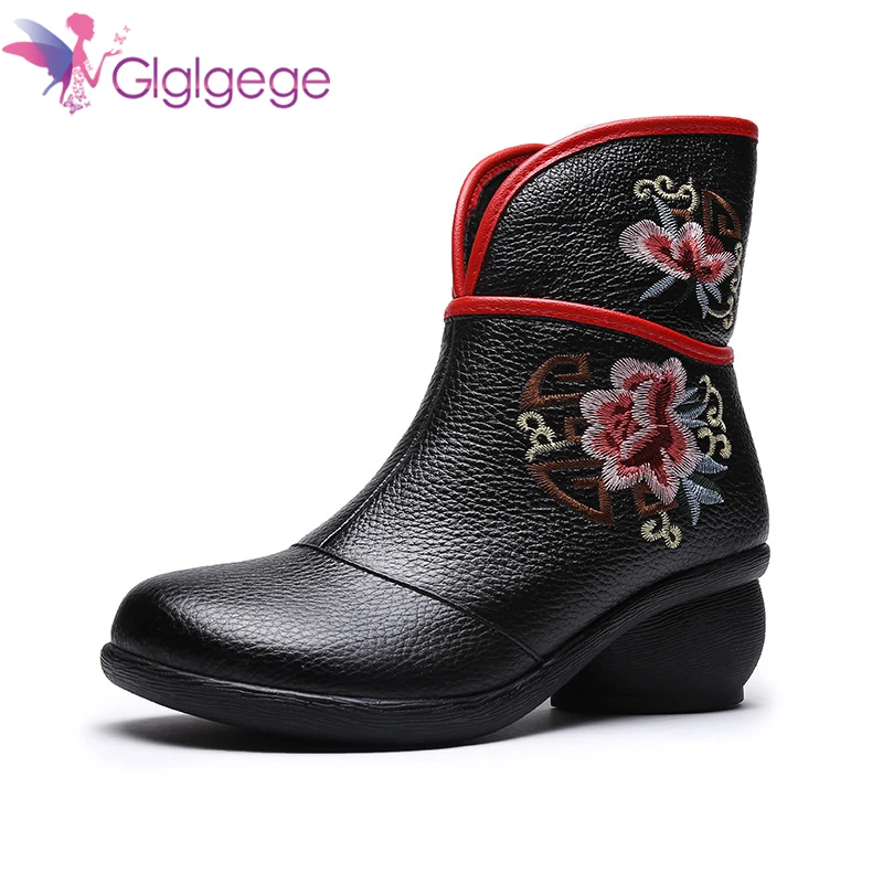 Женские сапоги с вышивкой зимние черные в этническом китайском стиле обувь из