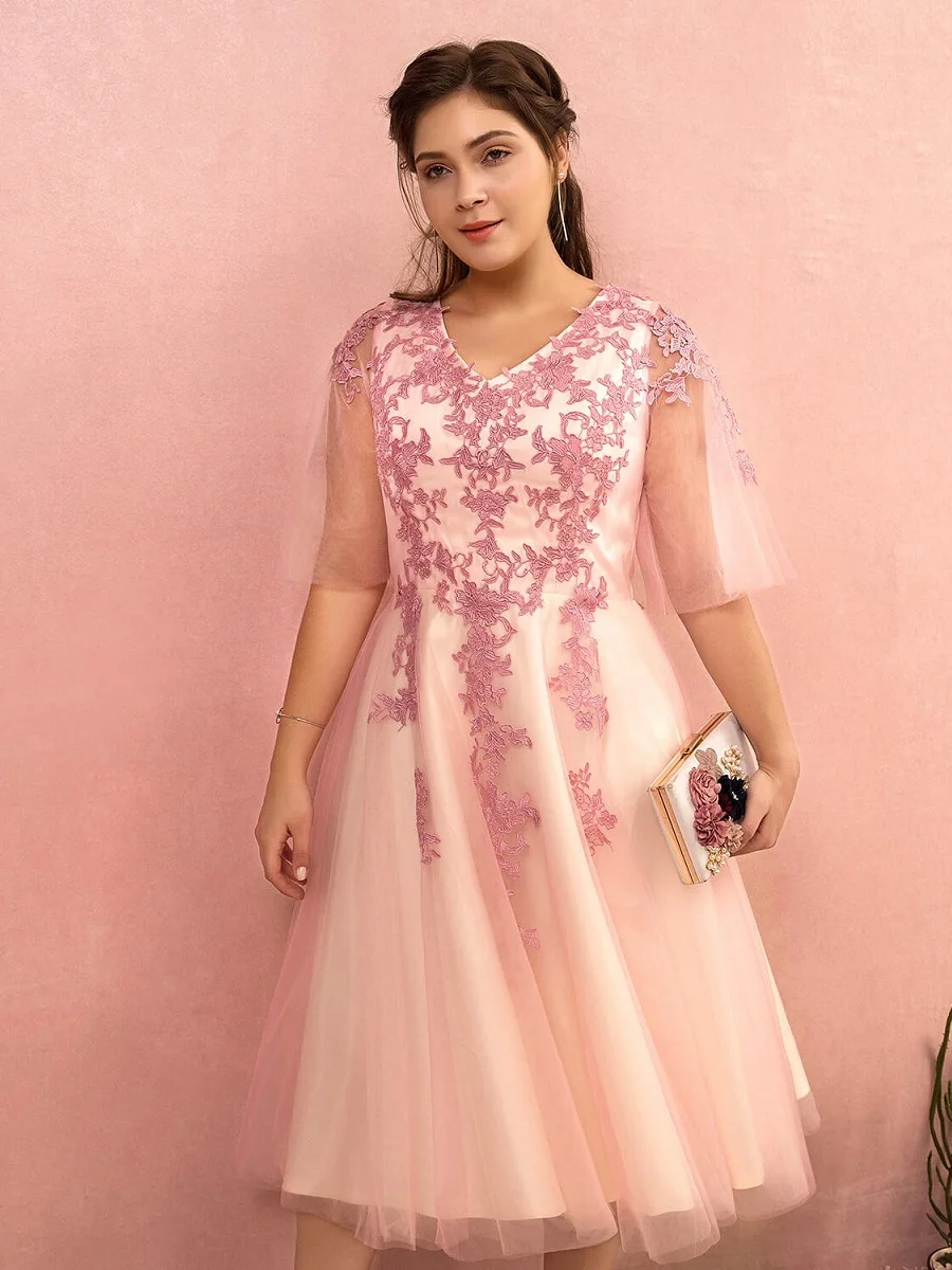 A Line v образным вырезом длиной до колена Тюль Короткие Элегантные платья для