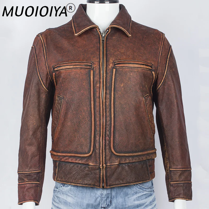 

Мужская винтажная куртка из натуральной кожи, коричневая приталенная куртка из мягкой коровьей кожи в стиле ретро, толстые зимние пальто из...