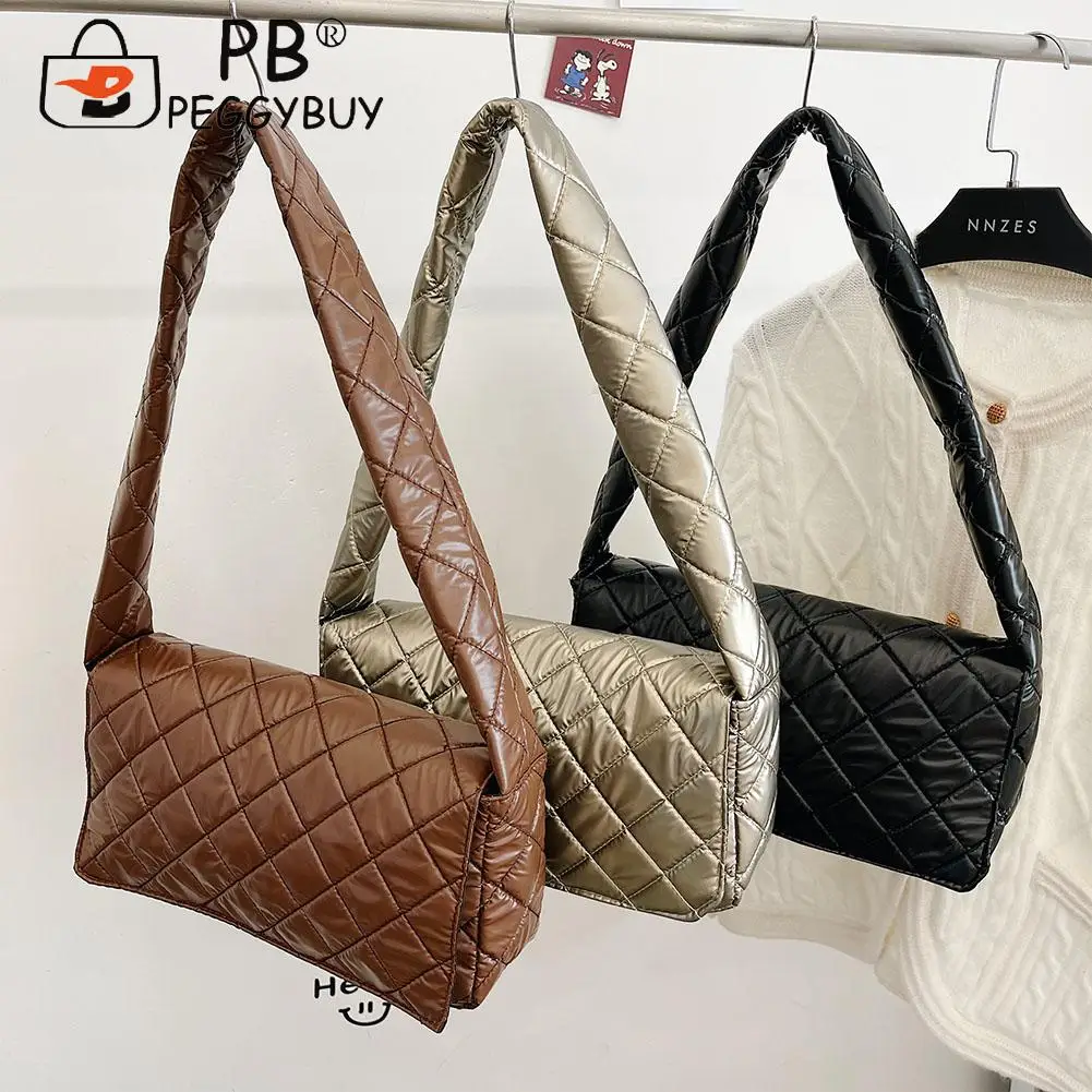 

Модная женская вместительная мягкая нейлоновая сумка на плечо для подмышек, повседневные Универсальные однотонные стеганые сумки с верхни...