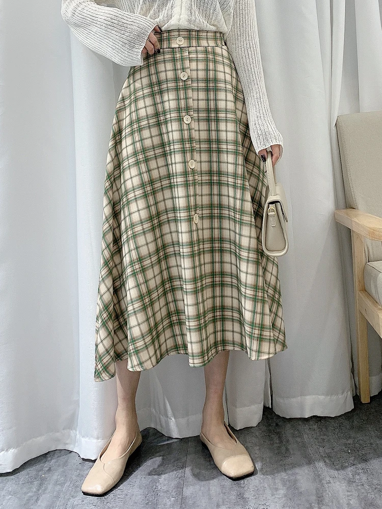 

Plaid Skirts 2021 Autumn High Waist A Line Color Block Buttons Thick Cotton Long Skirt Temperament Women Casual Falda Lattice