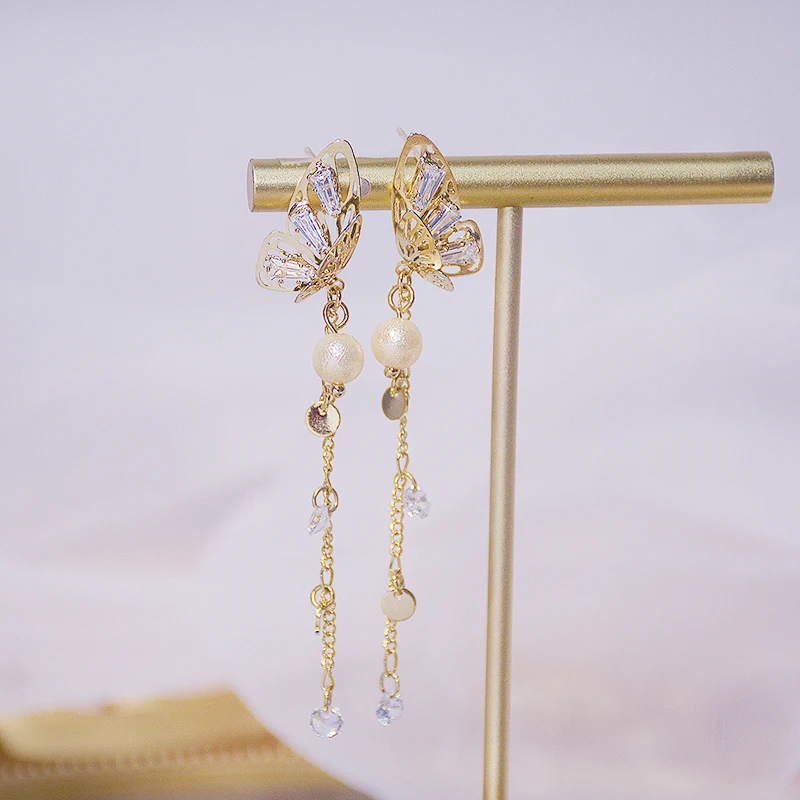 

2021 New Arrive Popular Design 14K Real Gold Tassel Butterfly Wings Earrings for Women Charm Zirconia Stud S925 Silver Needle
