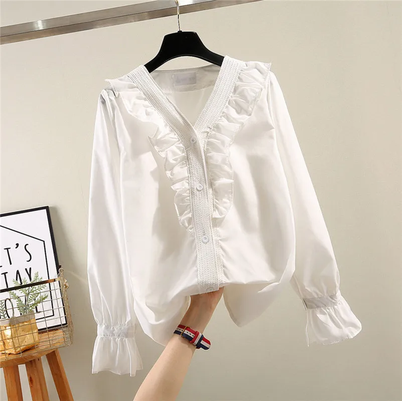 Женская блузка с длинным рукавом и оборками весна-осень | одежда
