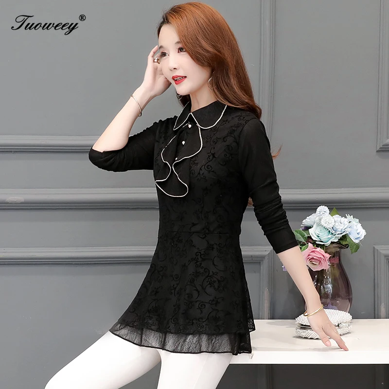 

5XL Fashion Lace Ruffles Blouse Patchwork Casual Winter Ladies OL Bottom Tops Female Women Long Sleeve Shirt Blusas Pullover