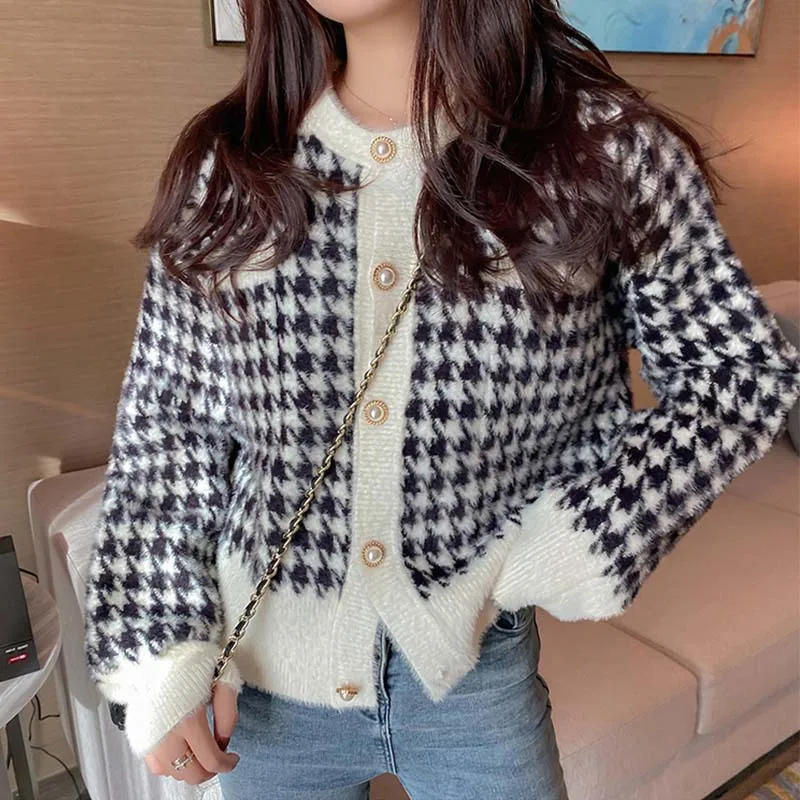 

Houndstooth Sweater Single Breasted O-neck Korean Style Cardigan Loose Long Sleeve Winter Casual Women's Knit Top Y2k Streetwear