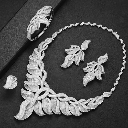 Silver SISCATHY известный бренд Мода лист подвески массивное ожерелье и серьги браслет кольцо комплект ювелирных изделий класса люкс в нигерийском стиле ювелирные комплекты Dubai - Окраска металла: Silver