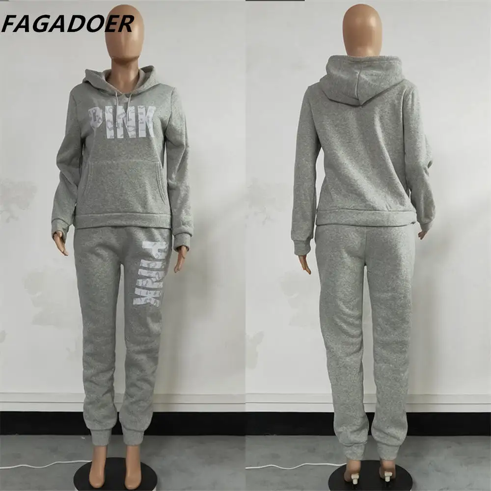 FAGADOER Two Piece Set Women Hooded Sweatsuits Fashion Pink Letter Leopard Print Tracksuit Casual Female Outfits Streetwear 2021 images - 6