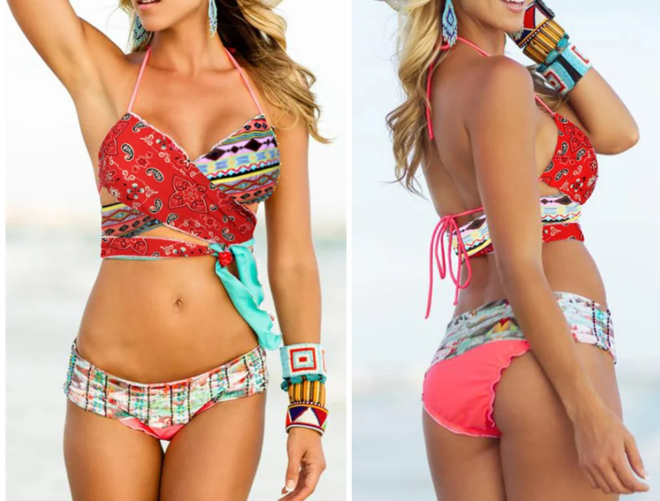 Богемный Тропический Принт два предмета бикини 2020 купальник для женщин Холтер