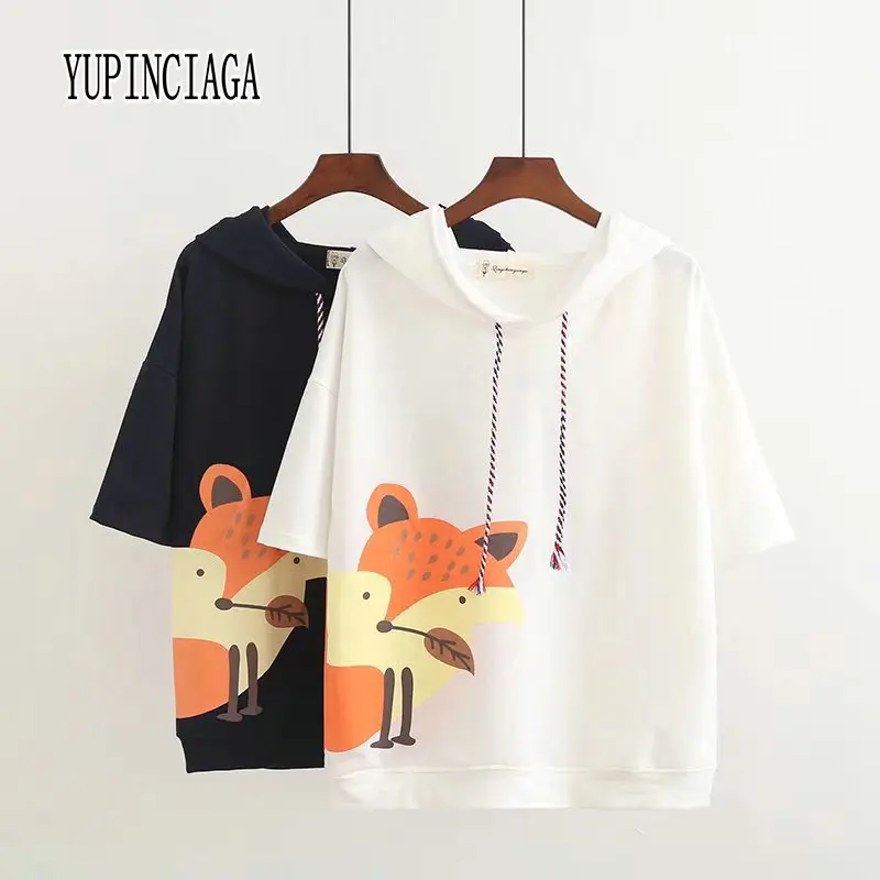 Повседневная Свободная Женская футболка с капюшоном принтом лисы коротким