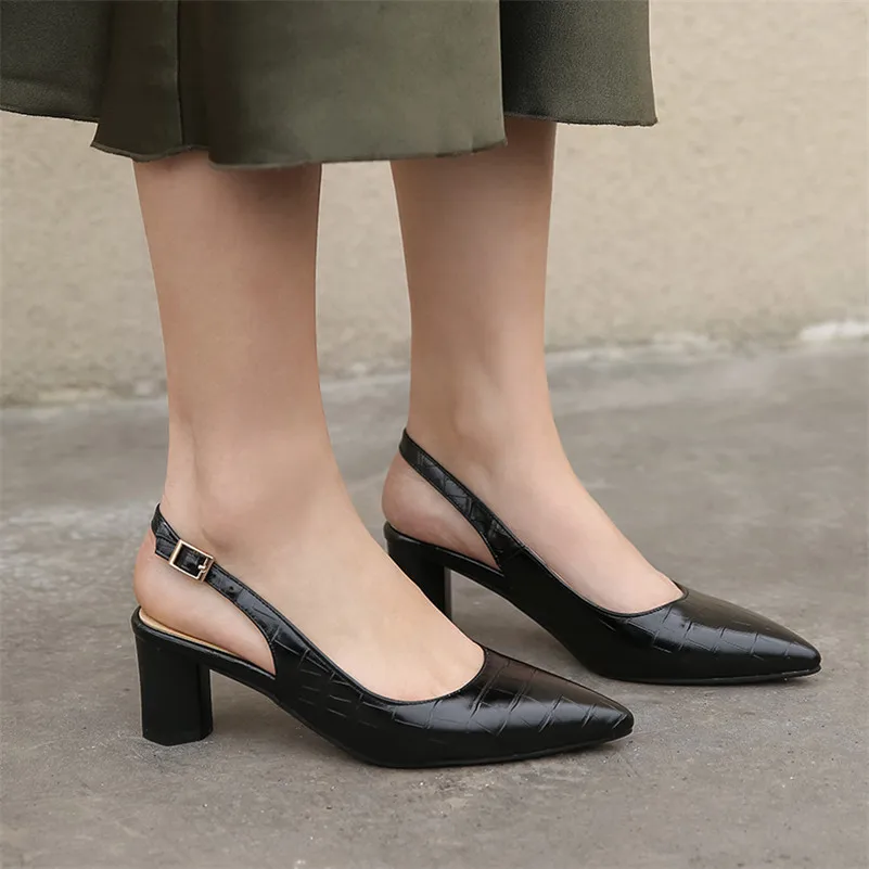

ANNYMOLI Slingback Pumps Snake Print High Heel Women Shoes Pointed Toe Block Heels Footwear Female Summer Dress Shoes Black 3-12