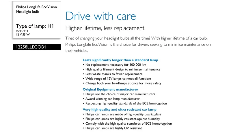 Philips H1 12V 55W LongLife Eco Vision 1500h длинная Автомобильная галогенная фара, автомобильная противотуманная фара ECE, одобрено 12258LLECO B1, 1X