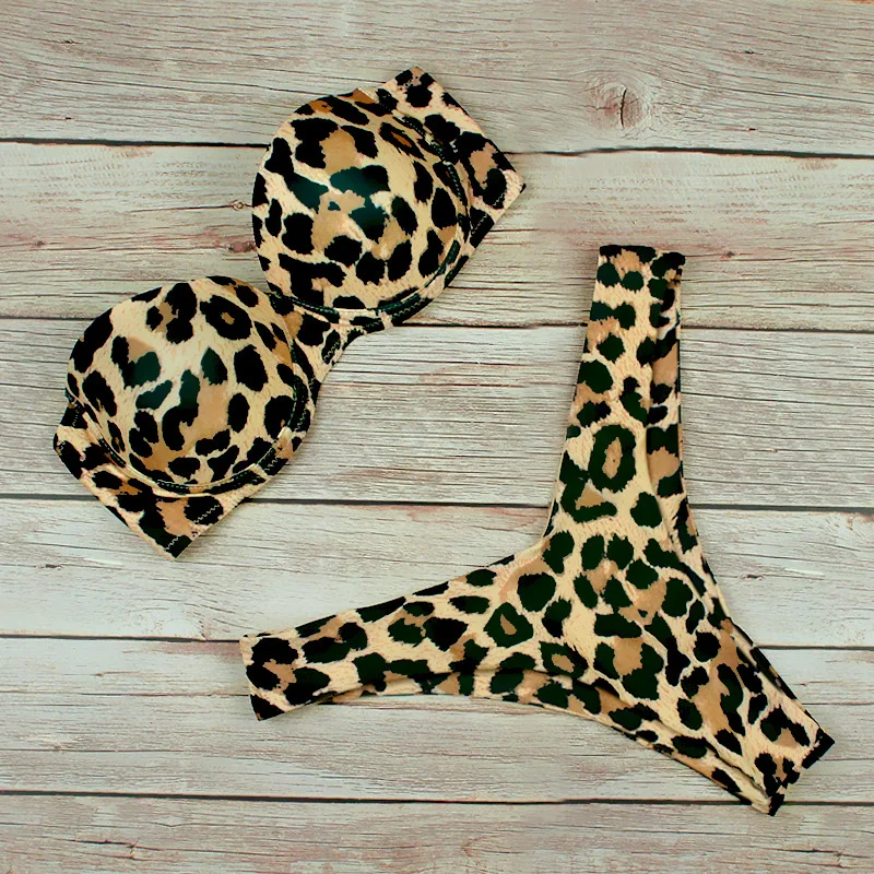 

2021 Bikinis Leopard Print Wrapped Chest Swimsuits Swimwear Women Push Up Biquini Beachwear Bathing Suit Women Thong Bikini Set