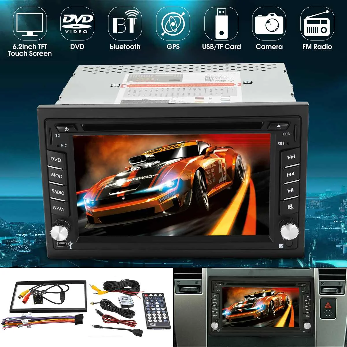 6,2 дюймов двойной 2DIN автомобильный стерео dvd-плеер bluetooth gps навигация HD USB ТВ камера TFT пульт дистанционного управления