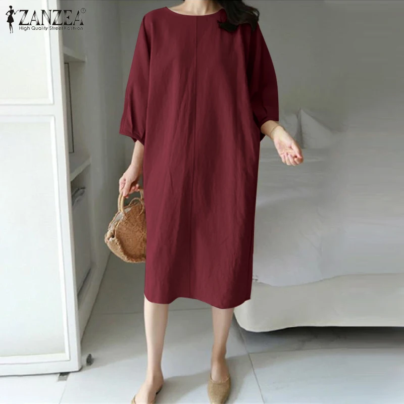 

ZANZEA Women Sundress Autumn O Neck 3/4 Sleeve Baggy Midi Dress Elegant Ladies Loose Casual Work Vestidos Robe Femme Oversized