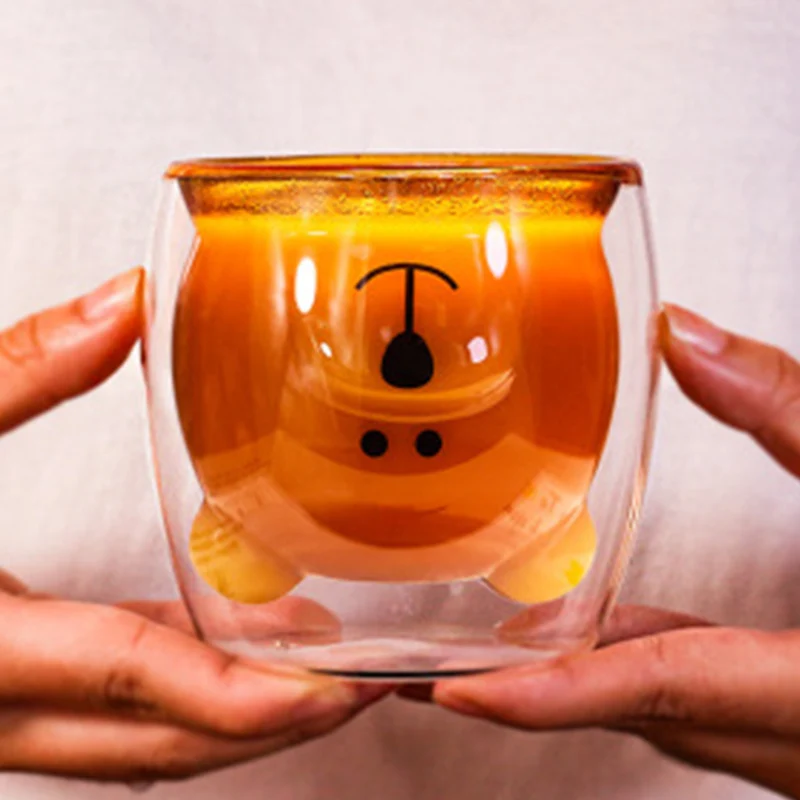 Двухслойная стеклянная чашка с милым медведем 230 мл боросиликатная термостойкая