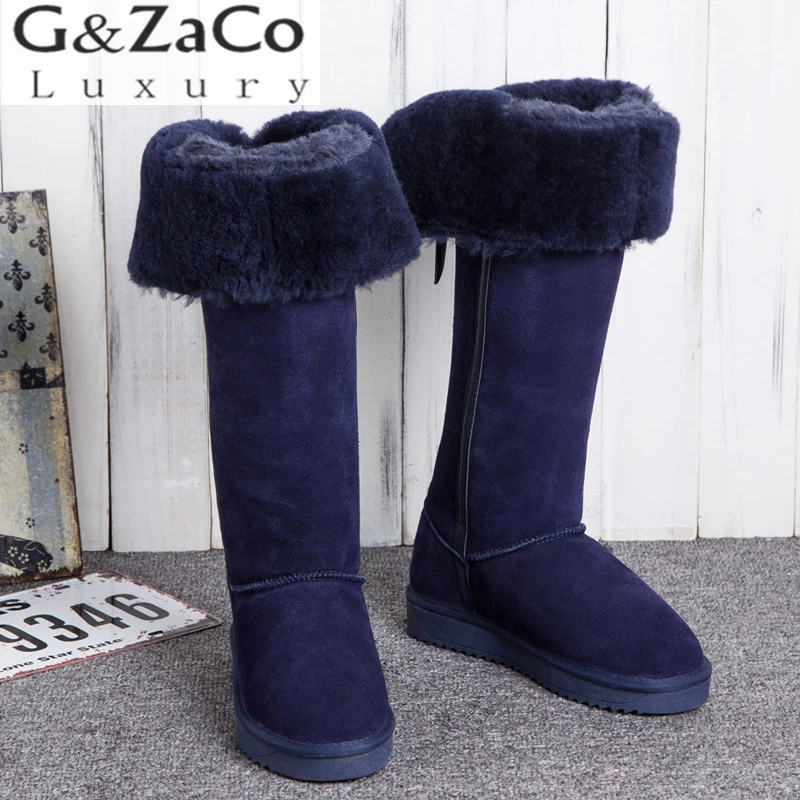 dark blue G& Zaco/зимние сапоги из натуральной замши; сапоги из овечьей кожи; зимние сапоги до колена; женская теплая обувь с бантом; сапоги с высоким голенищем на овечьем меху - Цвет: dark blue