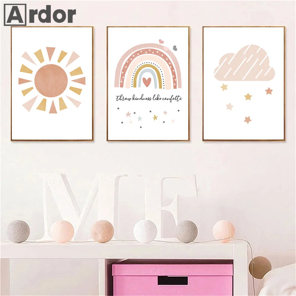 

Abstract Rainbow Sun Cloud Nursery Wall Art Poster Quotes Canvas Painting Minimalist Pictures Nordic Kids Baby Girls Room Decor