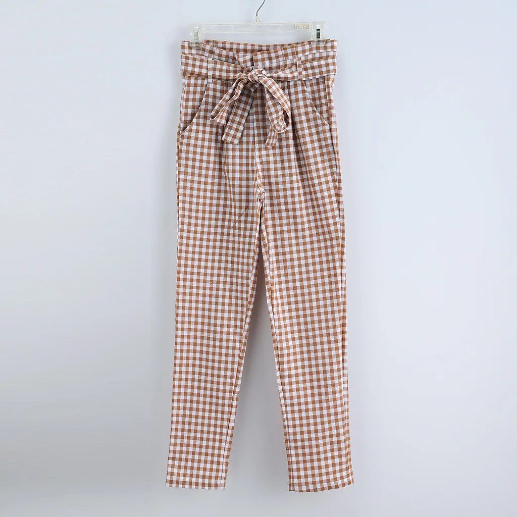 2019 повседневные штаны серого и бежевого цветов с бантом клетчатые шаровары