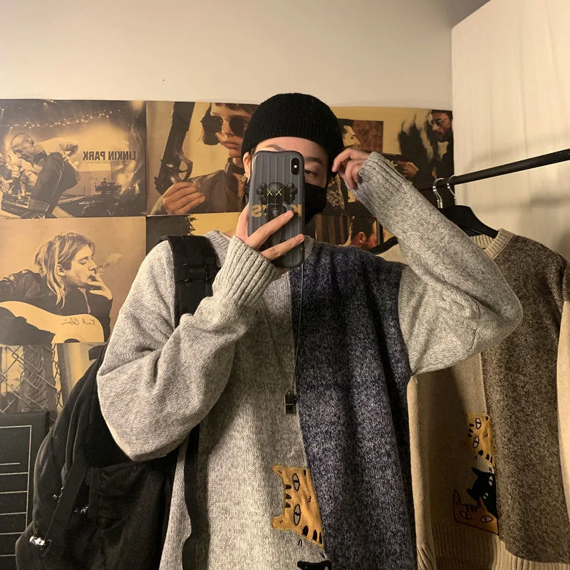 

Privathinker Patchwork Cartoon Cat Mens Sweaters Loose Casual Autumn Male Knitted Pullovers Kawaii Japanese Style Women Knitwear