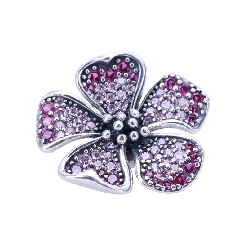 

Amas Authentic 925 Sterling Silver Romantic peach blossom series flowers clusters beads Fit Original Charms Bracelet Necklace