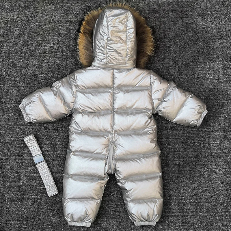 Серебристые Водонепроницаемые Детские Пуховые комбинезоны с мехом енота для