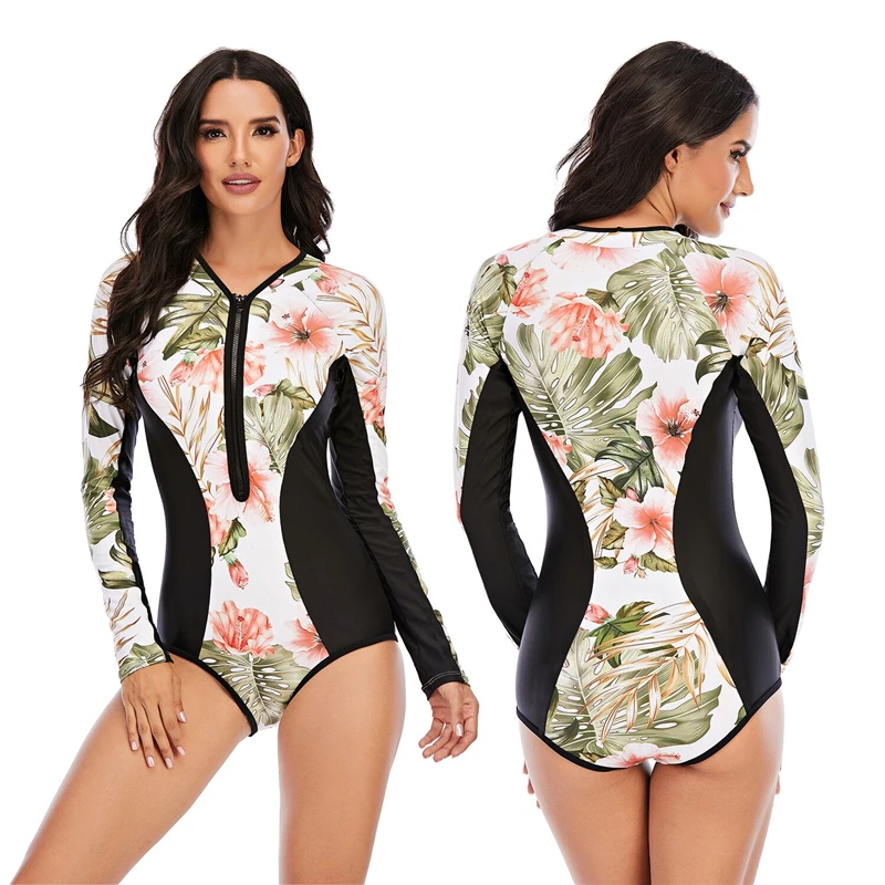 

Long Sleeve Swimwear Women Print Zipper Rashguard One Piece Swimsuit 2022 Surfing Dive Bodysuit Beachwear Bathing suit