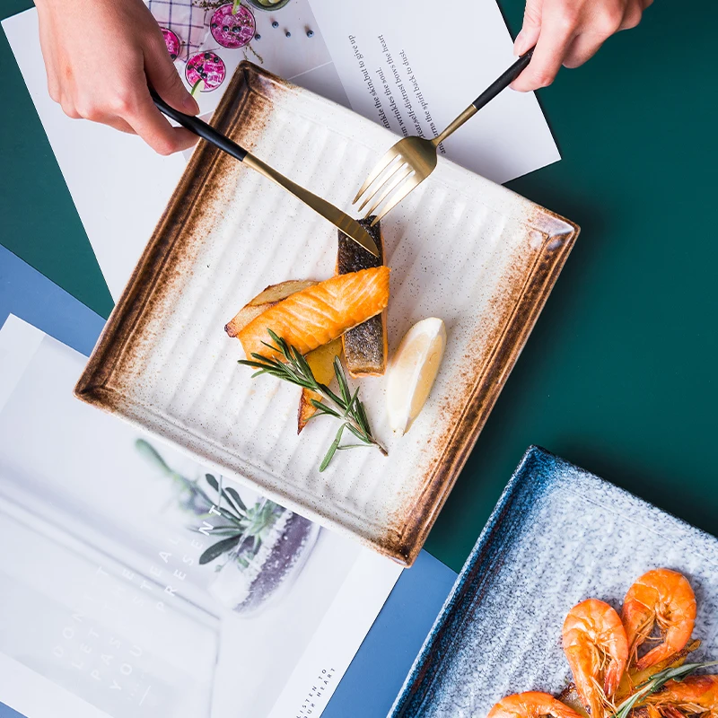 

Western Food Plate Steak Plate Household Japanese Ceramic Sushi Plate Tableware Square Plate Breakfast Plate Creative Flat Plate