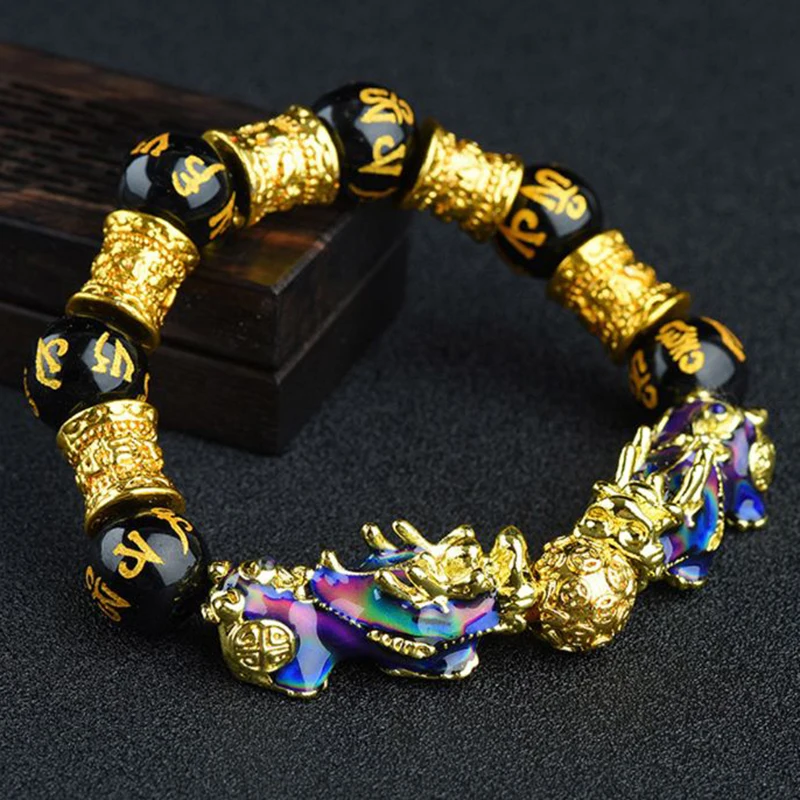 

Unisex Obsidian Stone Beads Bracelets Chinese FengShui Pixiu Color Changing Wristband Wealth Good Luck Bracelet Men Women Chain