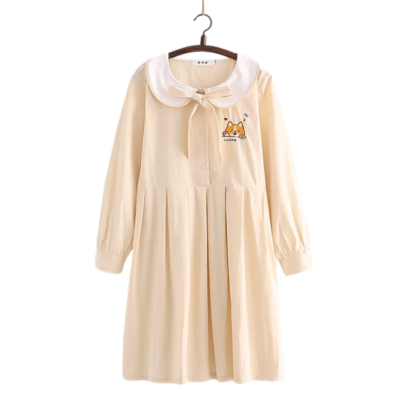 

Autumn Kawaii Cartoon Embroidery Girls Dress Mori Cute Doll Collar Women Pink Japanese College Long Sleeve Casual Uniform Dress