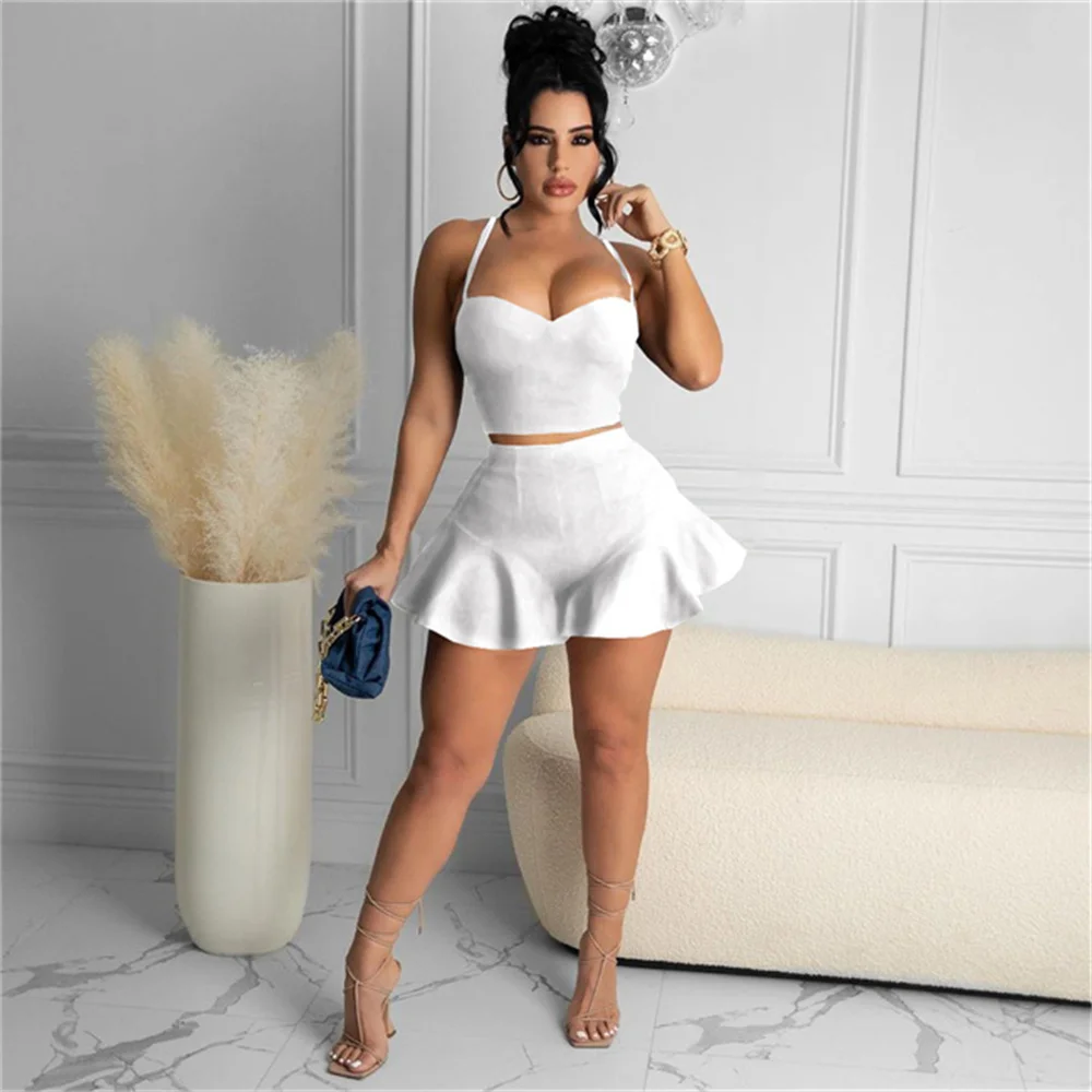 

RStylish Solid Color 2021 New Arrivals Tracksuit Spaghetti Straps Crop Top Ruffles Shorts Summer Women Night Club Two Piece Set