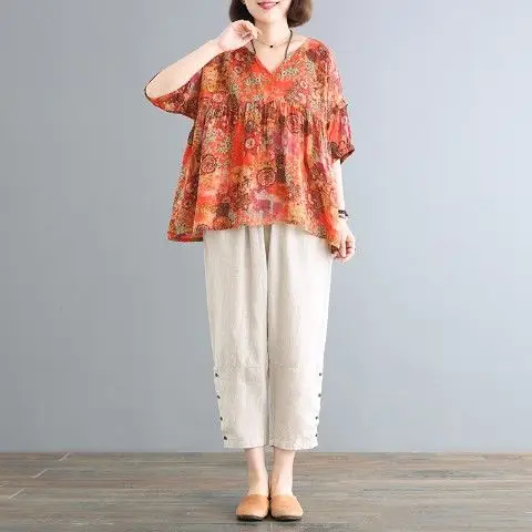 

Women 2021 Summer Fashion Two Piece Sets Female New V-neck Loose Printed Tops Ladies Elastic Waist Harem Pants Suits Y11