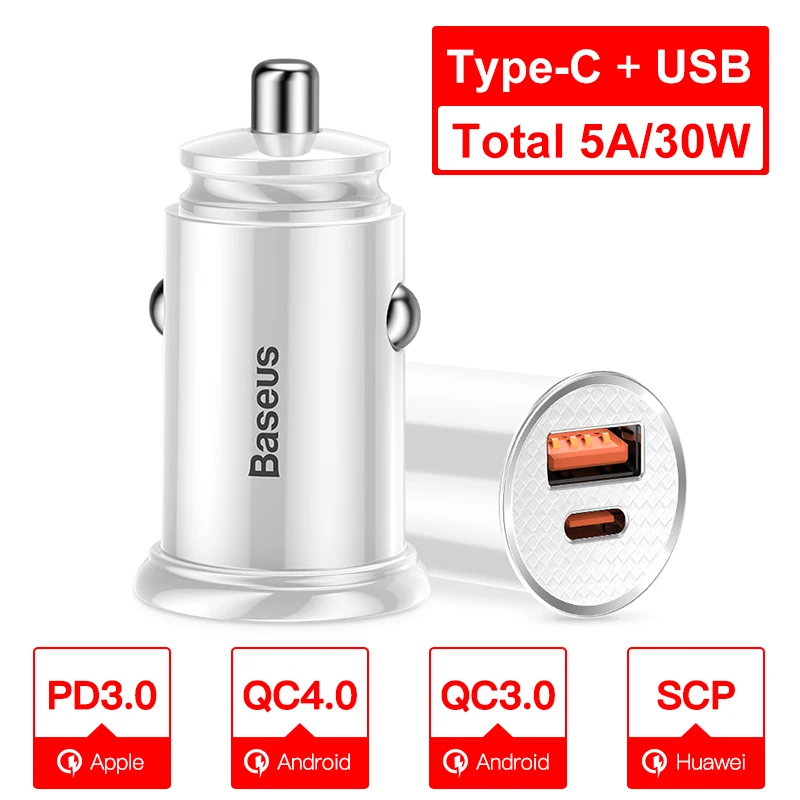 Baseus Mini USB Автомобильное зарядное устройство для мобильного телефона планшета gps 3.1A быстрое зарядное устройство автомобильное зарядное устройство двойной USB автомобильный адаптер зарядного устройства для телефона в автомобиле - Тип штекера: WHITE 1USB 1TYPE C