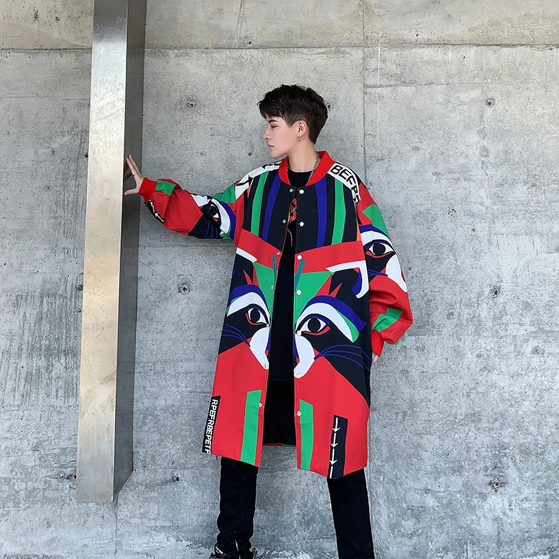 

Male Funny Print Fashion Trench Coat Outerwear Overcoat Men Streetwear Hip Hop Loose Casual Long Cardigan Jacket Windbreaker