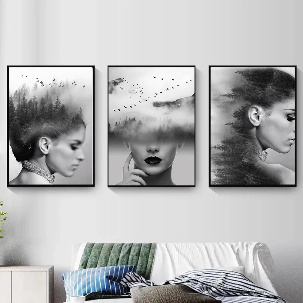 

Wall Art Forest Landscape Woman Canvas Painting Black White Posters Nordic Prints Picture Living Room Home Decoration No Frame