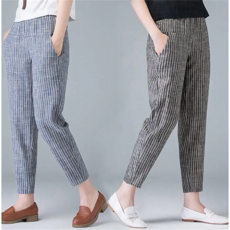 

Plus Size 4XL Cotton Linen Pants Summer Loose High Waist Stripe Women Harem Pant Casual Pantalon Female Sweatpants Trouser