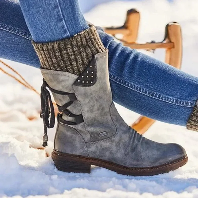 Women Boots Fashion Autumn PU Mid-Calf Boots With Back Lace-up Boots Solid Color Low Heels Shoes Botas Mujer Dropship - Цвет: gray