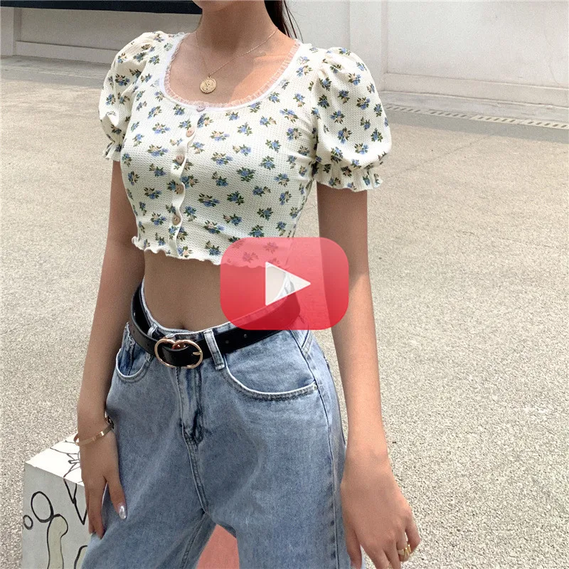 

Lace Cardigan T-shirt Sweet Vintage Style Crop Top Buttons Streetwear Summer New Women's Fashion Floral Print