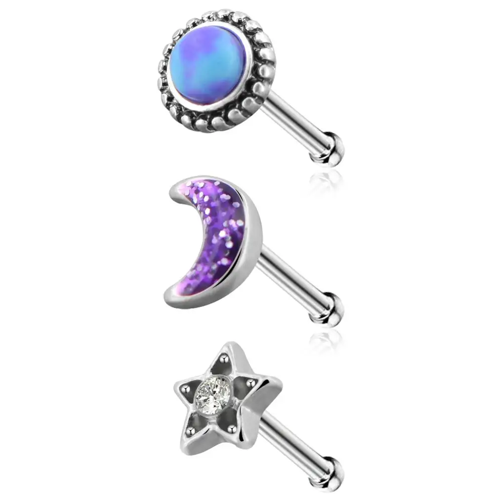 3 pcs 18 Gauge Body Punk 3 шт. милые кольца для пирсинга носа 18 г/20 г шпильки кольца хирургическая сталь фиолетовая блестящая Луна мраморный узор камень звезда для женщин - Окраска металла: 3 pcs 18 Gauge