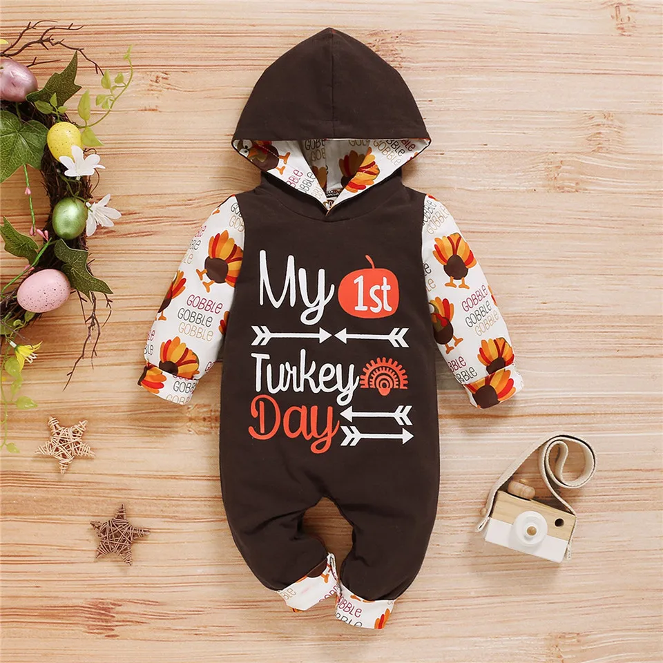 

Thanksgiving Day Infant Toddler Baby Boys Jumpsuit, Toddlers Autumn Letter Printing Long Sleeve Hooded Romper Newborn Romper