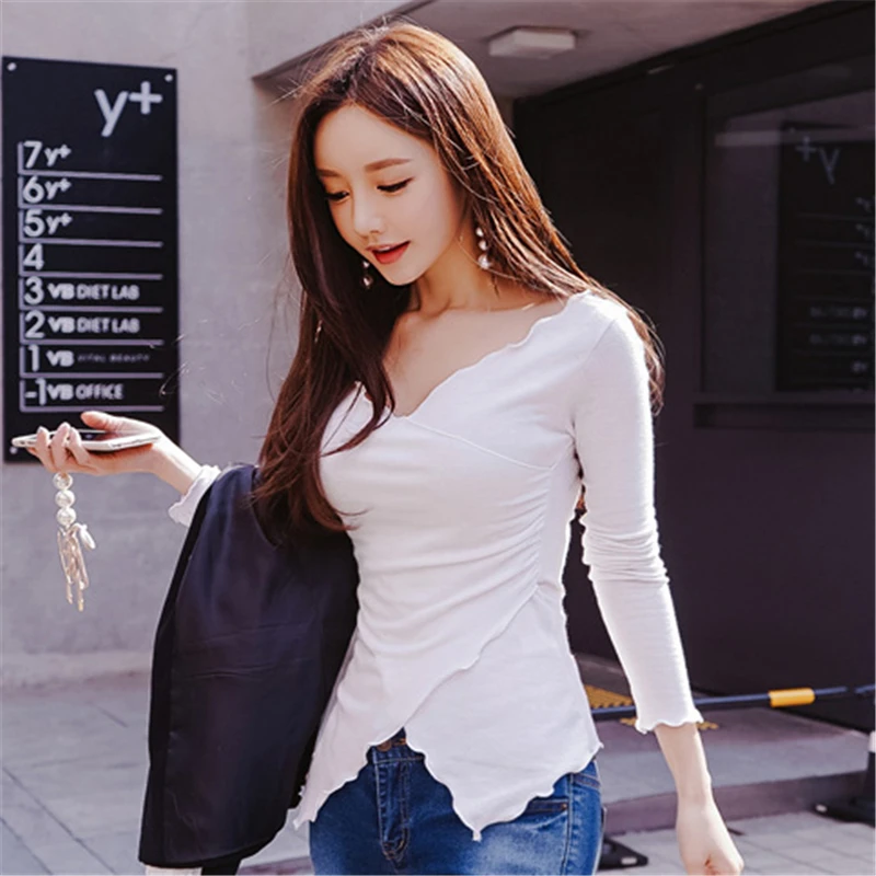 Женская эластичная футболка облегающий Топ с длинным рукавом в Корейском стиле