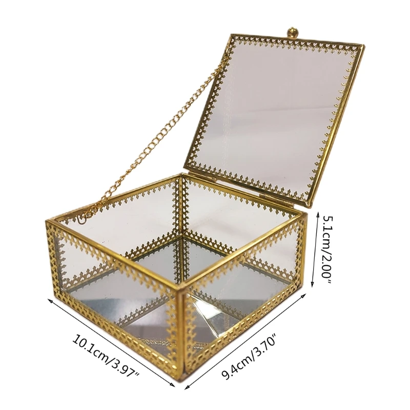 

Square Gold Brass Glass Ring Trinket Box Lace Edged Wedding Ring Box Clear Glass Jewelry Box Tabletop Home Organizer