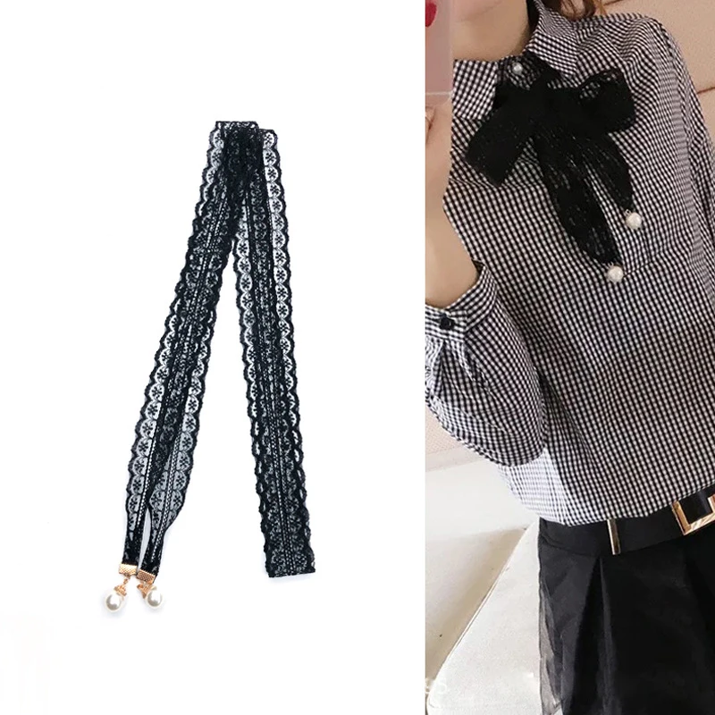 

Classic Black Lace Bow Tie Pearl Pendant Women's Ribbon Hollow Fabric Shirt Dress Temperament Fashion Collar Flower Accessories